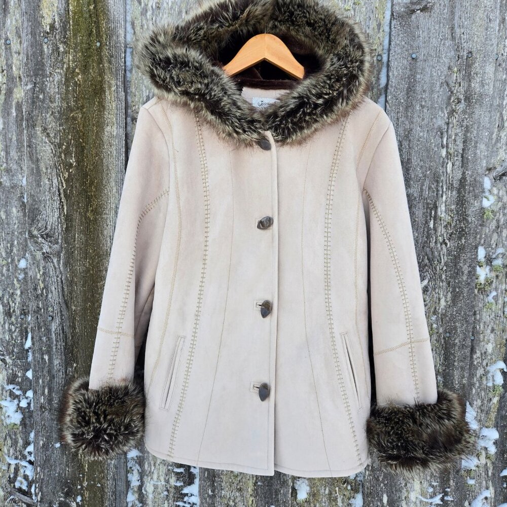Vintage Penny Lane Coat 90s Y2K Size M Beige Faux Fur Faux Suede Boho - Picture 1 of 11